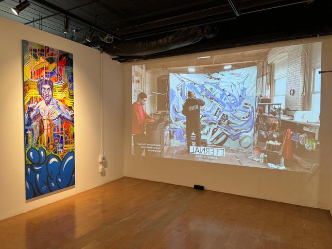 LESN101 x NAG), on left, ETERNAL, a video and sound installation, and right, Be Water, spray paint and acrylic on canvas, 96x36”